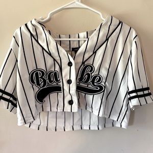 White cropped button up with stripes